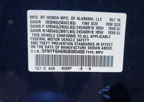 2016 Honda Pilot Ex-L z USA, uszkodzony, nr VIN 5FNYF6H69GB085400